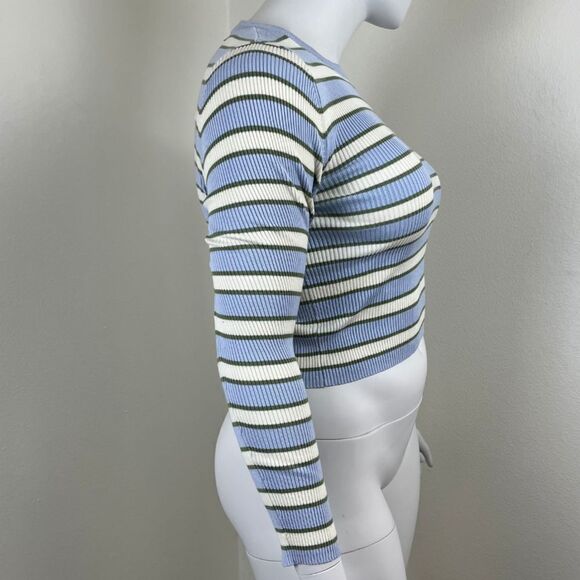 Zara Womens Size XL Blue Ribbed Striped Cropped Pullover NEW Crewneck Sweatshirt - Picture 10 of 16